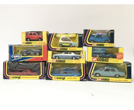 Corgi toys #285 Mercedes Benz 240D, #94331 Jaguar XJR9, #273 Rolls Royce silver shadow #279 Rolls Royce Corniche, #347 Chevro