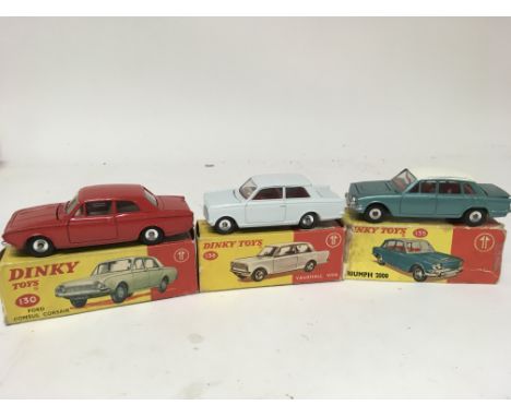 Dinky toys, #130 Ford Consul Corsair, #135 Triumph 2000 and #136 Vauxhall Viva, boxed