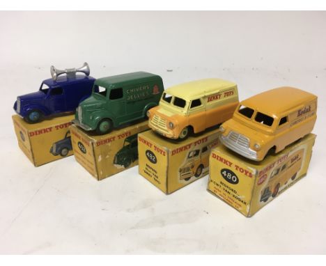 Dinky toys, #492 Loud speaker van, #452 Trojan van Chivers jellies, #482 Bedford van Dinky toys and #480 Bedford van Kodak, b