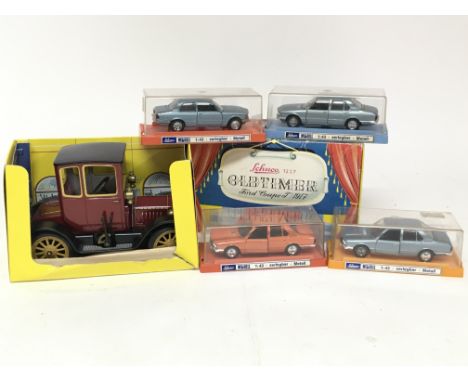 Schuco toys , boxed Diecast vehicles including 4x 1:43 scale and #1227 Oldtimer , tinplate vintage car, boxed.