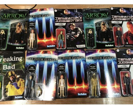 A collection of Re-Action carded figures, including Arrow, Fifth element, Breaking bad and Terminator 2