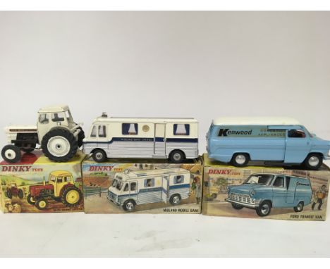 Dinky toys, #305 David Brown tractor, #280 Midland mobile bank and #407 Ford Transit van, boxed