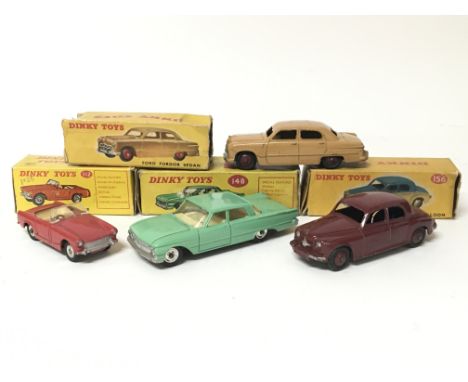 Dinky toys, #156 Rover 75 saloon, #112 Austin Healey sprite, #170 Ford fordor sedan and #148 Ford Fairlane, boxed