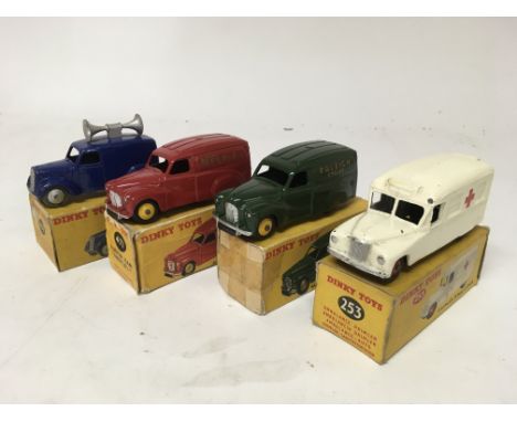 Dinky toys, #492 Loud speaker van, #471 Austin van Nestles, #472 Austin van Raleigh cycles and #253 Daimler Ambulance, boxed