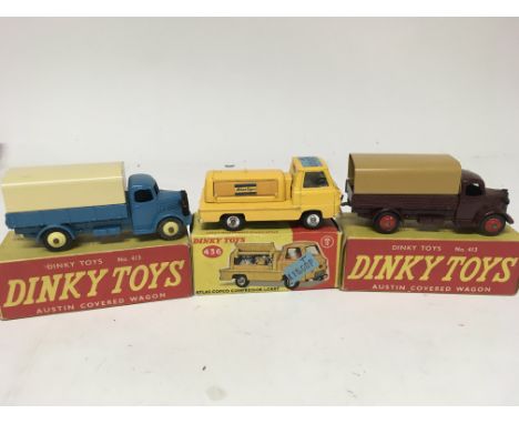 Dinky toys, #413 Austin covered wagon x2 and #436 Atlas cop come compressor lorry, boxed