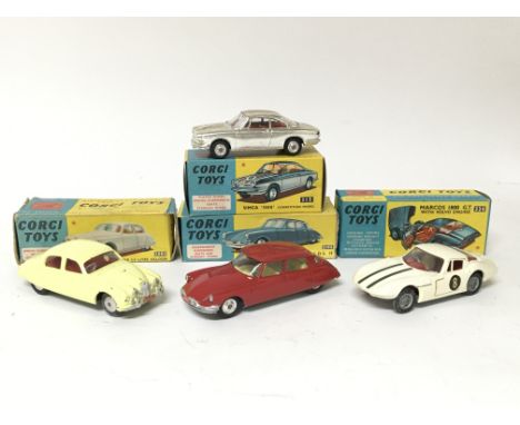 Corgi toys, #324 Marcos 1800 GT with Volvo engine, #210S Citroen DS19, #208S Jaguar 2.4 litre saloon and #31S Simca 1000 comp