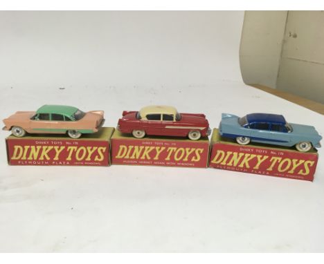 Dinky toys, #178 Plymouth plaza (blue), #178 Plymouth plaza (pink) and #174 Hudson hornet sedan, boxed q