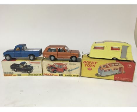 Dinky toys, #344 Land Rover, #192 Range Rover and #117 Four birth caravan, boxed