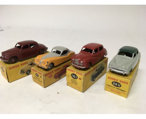 Dinky toys, #156 Rover 75 saloon, #157 Jaguar XK120 coupe, #161 Austin Somerset saloon and #24U Simca 9 Aronde, boxed