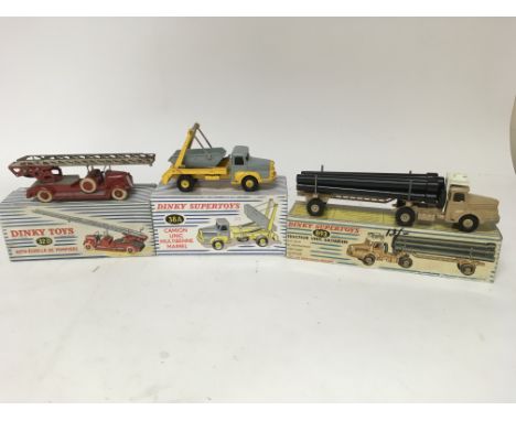 Dinky toys, French Dinky, #32D An Extending ladder fire tender, #38A Skip lorry and #893 Articulated pipe carrier, boxed