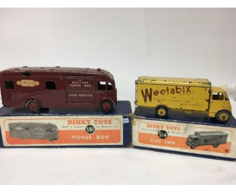 Dinky toys, #581 Horse box and #514 Guy van Weetabix , playworn, boxed