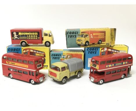 Corgi toys , #459 ERF model 44G Moorhouses van, #470 Forward control Jeep FC-150 and #468 London Transport Routemaster bus x2