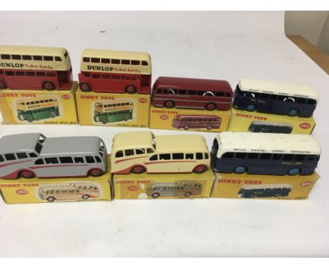 Dinky toys #280 Observation coach x2, #283 BOAC coach x2, #290 Dunlop double deck x2 and #282 Duple roadmaster coach, boxed