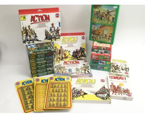 A box containing 1:72 scale, boxed models and figures including Esci A-Toys, Bum and Revell