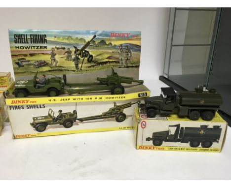 Dinky toys, #615 US Jeep with 105 mm Howitzer and #823 Camion GMC military tanker, boxed