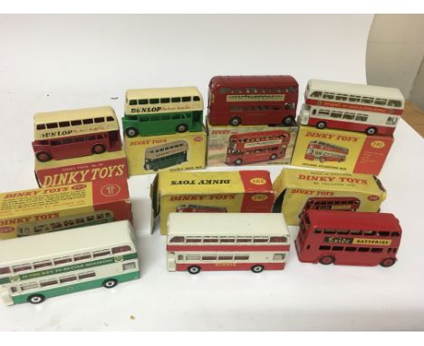 Dinky toys, #290 Double deck bus x2, #289 Routemaster, #291 London bus, #292 Leyland Atlantan bus x2 and #293 Leyland Atlanta