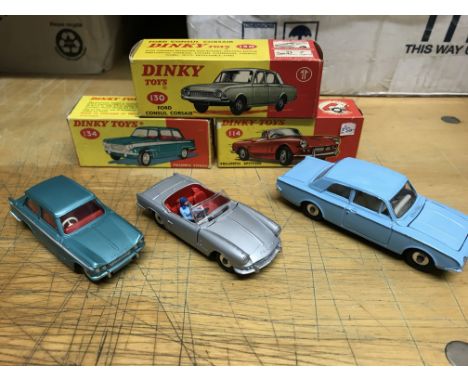 Dinky toys, #114 Triumph spitfire, #130 Ford Consul Corsair and #134 Triumph Vitesse, boxed