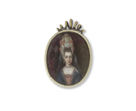 French School, circa 1700Portrait of a lady, half-length, in elegant costume and a lace headdress oil on copper, oval4.9 x 3.