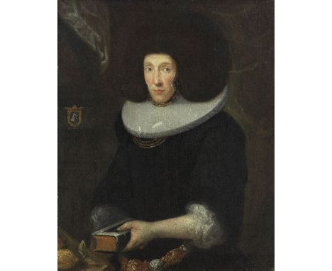 Swiss School, 1701Portrait of a lady, half-length, in black costume and headdress, holding a prayer book inscribed and dated 