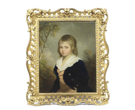 English School, 18th CenturyPortrait of a boy, half-length, in a blue coat, standing before a landscape oil on canvas60.2 x 5