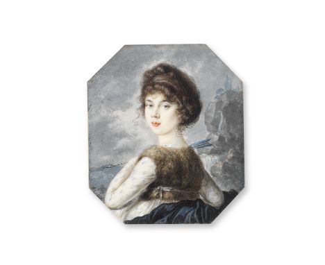 Peter Eduard Stroely (German, 1768-circa 1826)A portrait miniature of a lady, half-length, wearing a fur gilet, and holding a