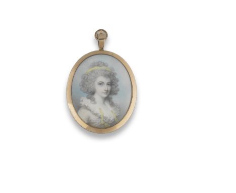 George Engleheart (British, 1750-1829)A portrait miniature of a lady, wearing a white dress with frilled trim, her dress and 