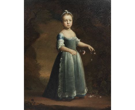 Mason Chamberlin R.A. (London 1727-1787)Portrait of a girl, full-length, in a blue dress plucking petals from a rose before a