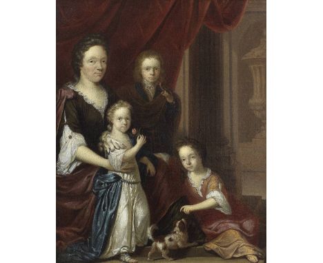 Circle of Arnold Boonen (Dordrecht 1669-1729 Amsterdam)Portrait of a lady with three children and a dog before a red curtain 
