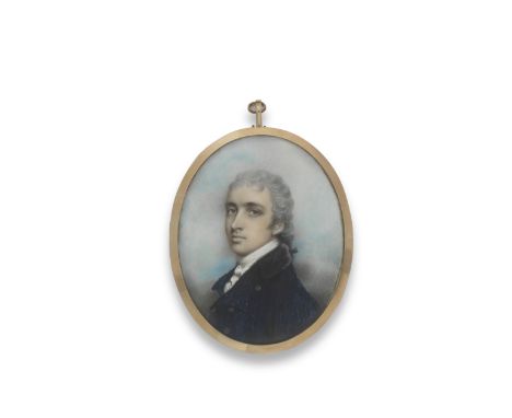 Andrew Plimer (Devon 1763-1837 London)A portrait miniature of a gentleman, wearing a blue coat, white stock and cravat, his h