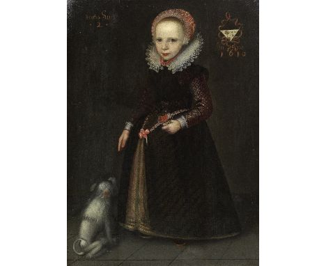 Circle of Adriaen van der Linde (Bruges circa 1560-1609)Portrait of a girl, full-length, in a black embroidered dress, holdin