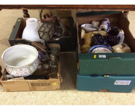 Four boxes of various decorative china to include a chamber pot; various vases; a modern light fitting; a lantern;  a kitchen