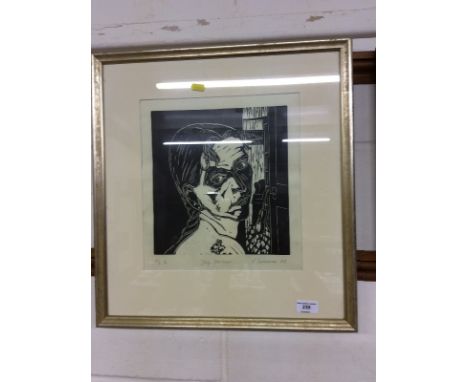 E Summers, pencil signed woodblock print, self portrait