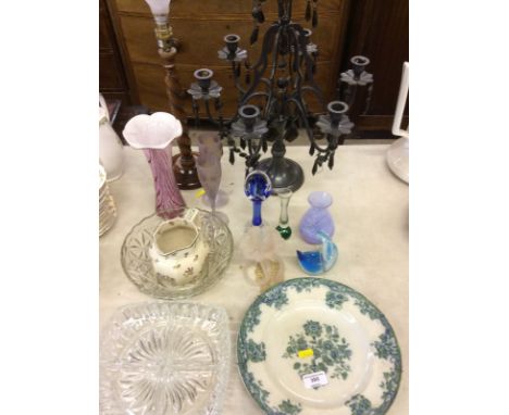 A wrought metal candelabra; an oak barley twist table lamp; various decorative glassware etc.