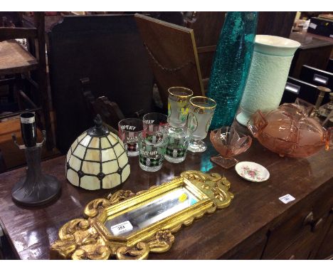 A Florentine design gilt framed wall mirror; a Tiffany style table lamp; four whisky glasses; an Art Deco fruit set etc.