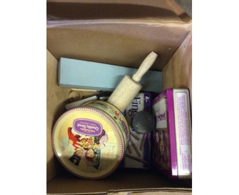 A vintage butter box, and contents of various advertising tins etc. 