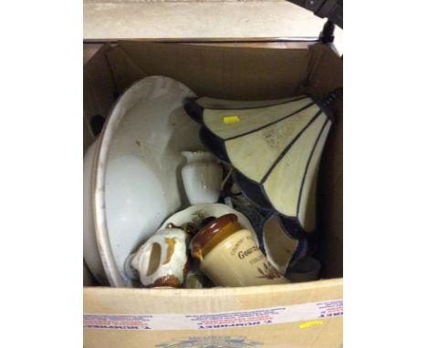 Two boxes of various decorative and sundry china and two lamp shades 