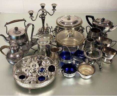 A large collection of Epns to include, two casserole dishes and stands, a candelabra, hotel ware, a toast rack, a Jersey crea