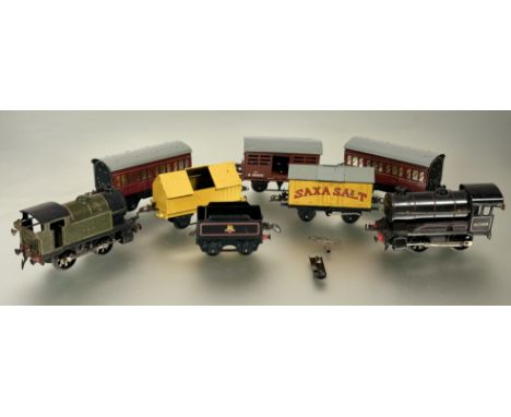 Hornby tin plate trains and rolling stock: O gauge 60199 engine and tender, LNER 460 engine and a selection of waggons and tr