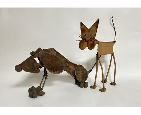 A modern metal basset hound dog sculpture with sprung moving tail (h. 33cm x w. 65cm), together with a metal cat sculpture wi