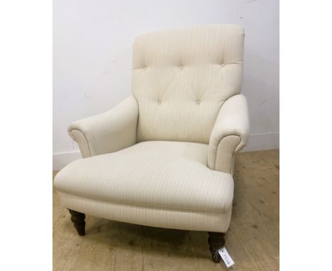 A John Lewis Gibson armchair, with a padded button back, padded arms and seat, covered in a cream and pin stripe material, st