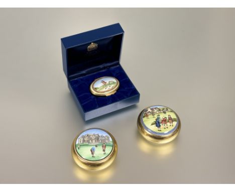 Golfing Interest:  A Halcyon Days enamel oval pillbox depicting The Honorable Company of Edinburgh Golfers 1744 in original b