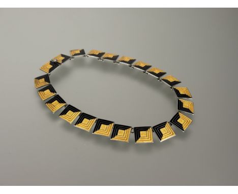 A vintage Margot of Taxco 1940s-50s chocker style sterling silver square panel link necklace with black and gold enamel desig