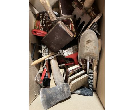A large collection of tools comprising, spades, nails, chisels, a coping saw (a/f missing blade), paintbrushes etc (a lot)