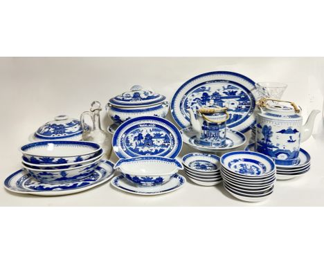 A large collection of modern Chinese blue on white transfer print part dinner service comprising, two large tureens (largest 