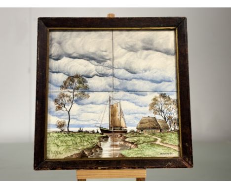 A late 20thc dutch tile panel, depicting a river with boat and house, signed E.Fuchg..., framed. (34.5cmx34.5cm)