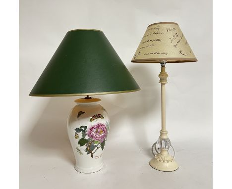 A Portmeirion Botanical Garden baluster form table lamp with 'Shrubby Peony' decoration and a green shade with gold interior 