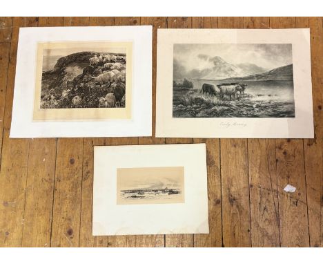 A collection of various loose works comprising, David Young Cameron, Arran, drypoint etching (14.5cmx27cm), Early Morning pri