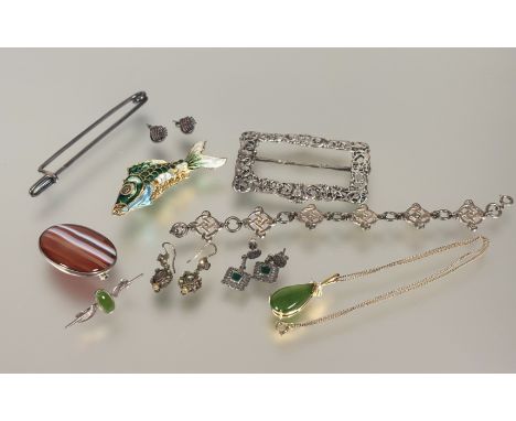 A collection of jewellery to include, an Edinburgh silver Celtic knot panel bracelet: d. x 7cm, a continental white metal bel
