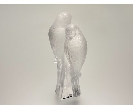 Lalique, a frosted glass model of Two Parrots, etched mark and plastic label, boxed. Height 19cm.
