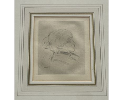 After Pierre-Auguste Renoir (1841-1919), Portrait of Berthe Morisot, etching, signed in the plate, framed. Plate 11cm by 9cm.